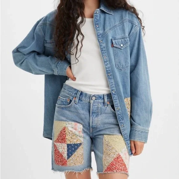 New Levi’s 501 90’s  Patchwork shorts anniversary edition light wash jean - Picture 2 of 14